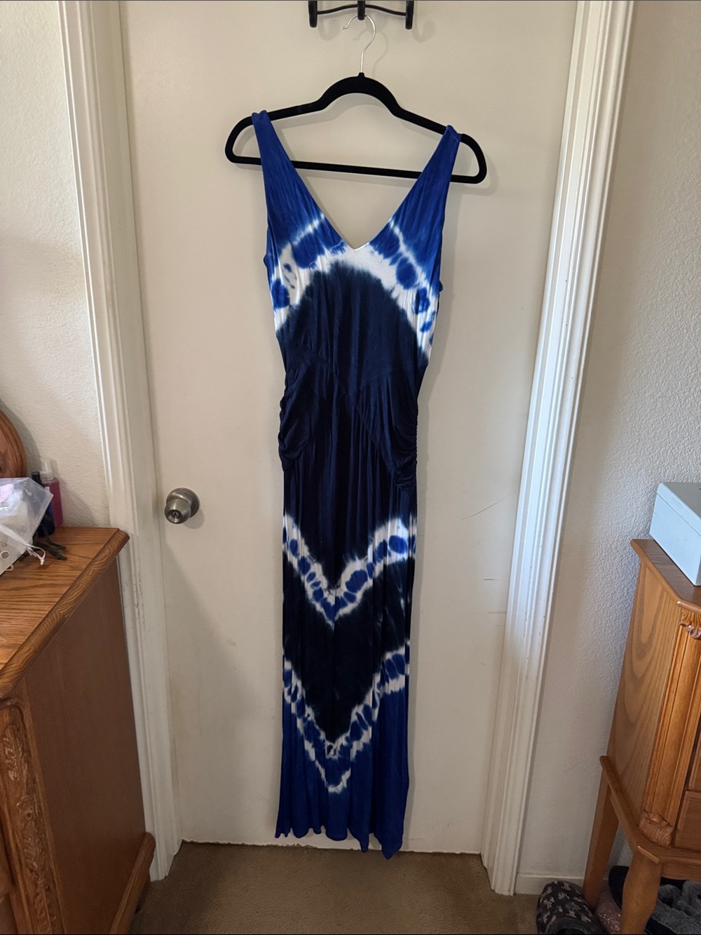 INC International Concepts Blue and White Tie-Dye V-Neck Maxi Dress